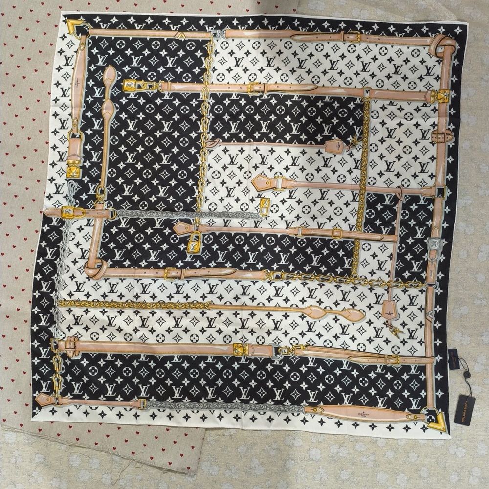 Louis Vuitton Black White and Tan Monogram Silk Scarf with Belt Motif